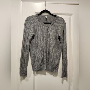 Gray Cable Knit Cardigan Sweater with V-Neck